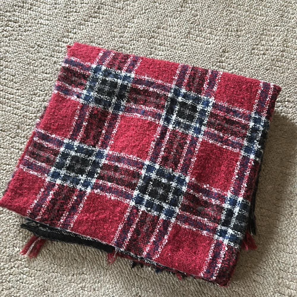 Simply Southern Red Blue and Black Plaid Blanket Scarf with Fringed Edges